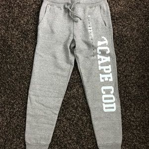 Cape Cod joggers. Light gray with aqua lettering